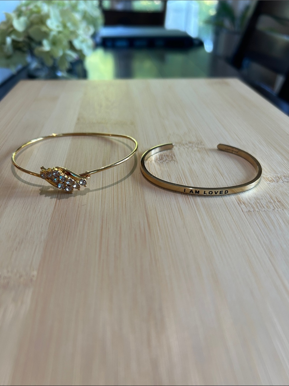 Gold Tone Crystal Accent Bangle Bracelet - and I AM LOVED Engraved Mantraband